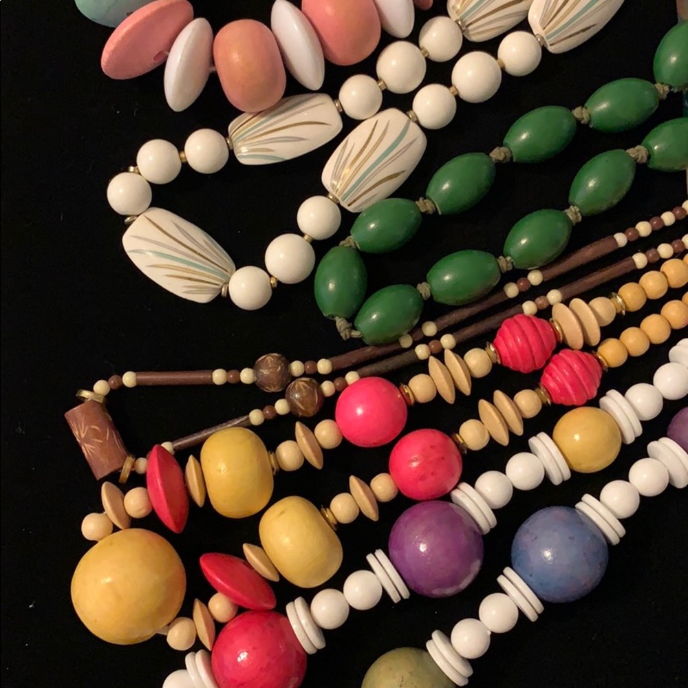 Six Vintage wood beaded necklaces bundle